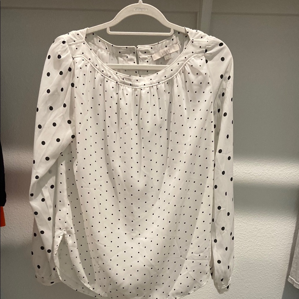 LOFT White and Black Long Sleeve Blouse with Bib Collar